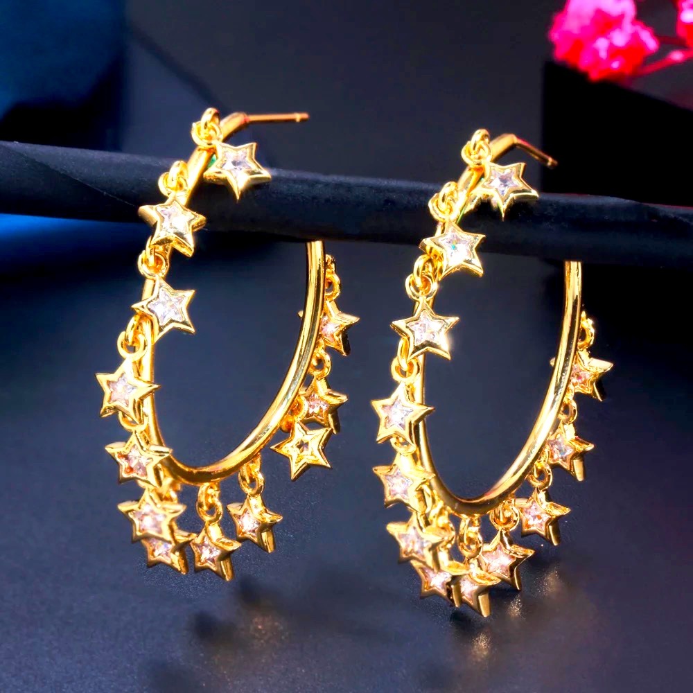 Korean Gold Round Dangle Tassel Drop Crystal Star Charms Hoop Earrings